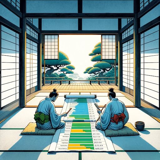2 Japanese Persons performing data analysis, Hokusai style.