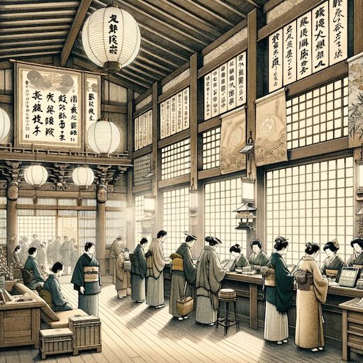 illustration of a bank, Hokusai style